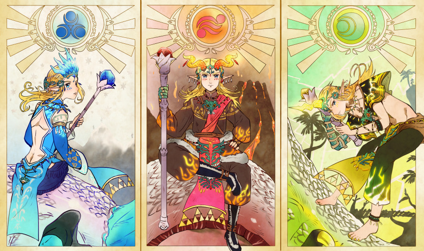 anklet back_cutout barefoot blonde_hair blue_eyes boots charged_set_(zelda) clothing_cutout dragon earrings ember_set_(zelda) fake_horns frostbite_set_(zelda) glowing highres horned_headwear horned_tiara horns jewelry link mizuto_(o96ap) multiple_earrings multiple_persona nintendo official_alternate_costume pelvic_curtain pointy_ears sitting staff teardrop_earring teardrop_earrings the_legend_of_zelda the_legend_of_zelda:_tears_of_the_kingdom tiara wand