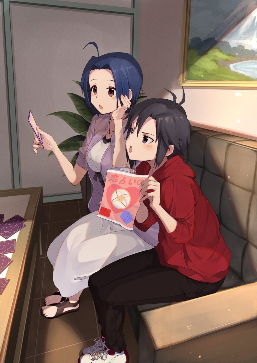 :o antenna_hair black_hair black_pants blue_eyes blue_hair blush couch dress highres idolmaster idolmaster_(classic) jacket kikuchi_makoto miura_azusa pants parted_bangs purple_eyes purple_jacket red_jacket sandals shoes sidelocks sneakers taka.yana tarot white_dress