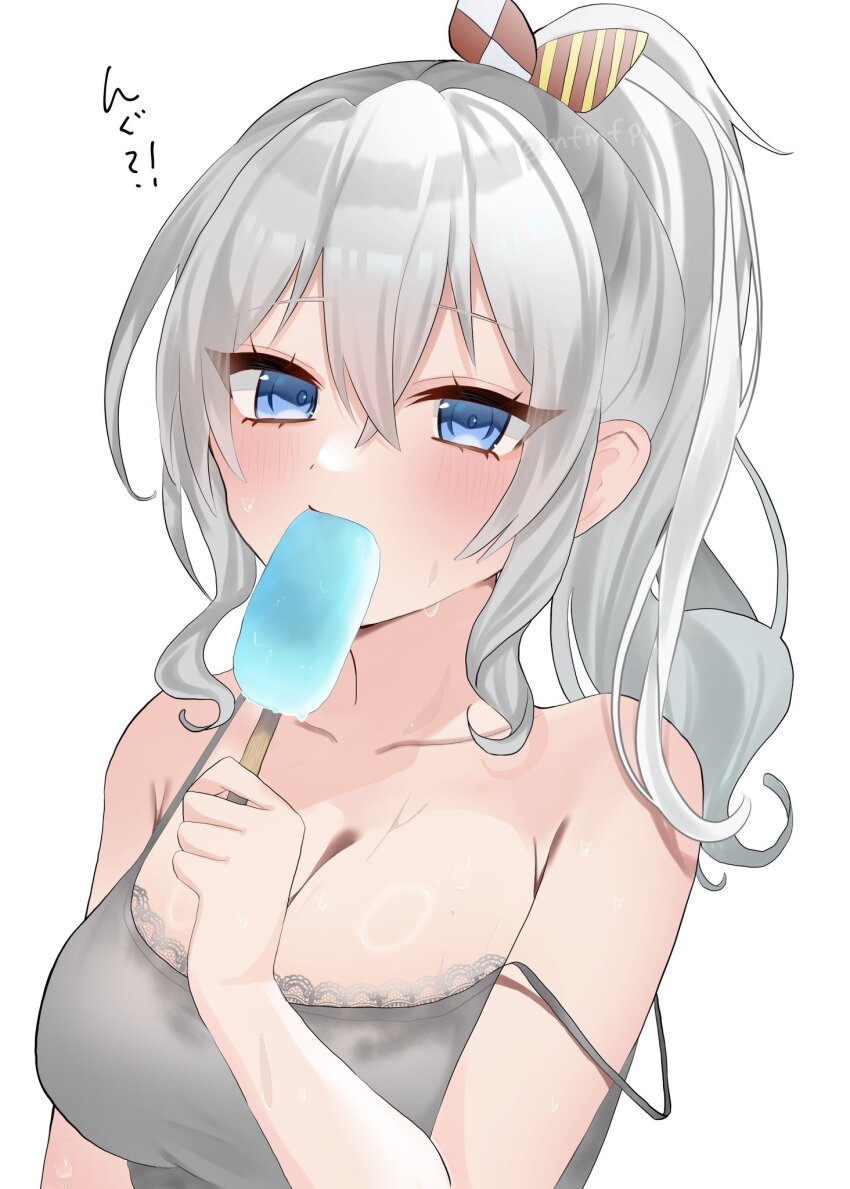 1girl alternate_costume alternate_hairstyle blue_eyes breasts camisole cleavage commentary_request grey_camisole grey_hair highres kantai_collection kashima_(kancolle) large_breasts long_hair looking_at_viewer ponytail popped_collar solo strap_slip upper_body wavy_hair yoshino_(mfmfpng)