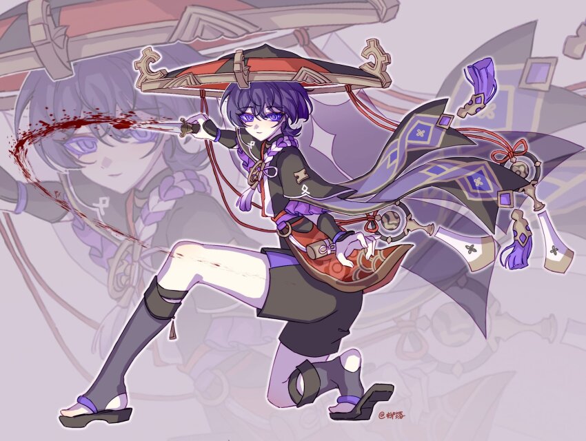 1boy arm_at_side armor black_hat black_kimono black_sandals black_shorts black_sleeves blood bloody_weapon blunt_ends closed_mouth colored_eyelashes dagger eyeliner eyeshadow fatui_logo frilled_sleeves frills furisode genshin_impact gold gold_trim grey_leggings grey_veil hand_up hat highres holding holding_dagger holding_knife holding_weapon japanese_armor japanese_clothes jingasa juban kimono knife kote kurokote layered_shorts layered_sleeves leggings looking_at_viewer makeup male_focus o-ring on_one_knee open_hand purple_eyes purple_hair purple_rope purple_sash purple_shorts purple_sleeves rainbowsugarflower red_eyeliner red_eyeshadow red_hat red_kimono red_sash rope sandals sash scaramouche_(genshin_impact) shimenawa short_sleeves shorts smile solo stirrup_legwear tassel toeless_legwear two-tone_hat veil weapon white_kimono white_rope zoom_layer zouri