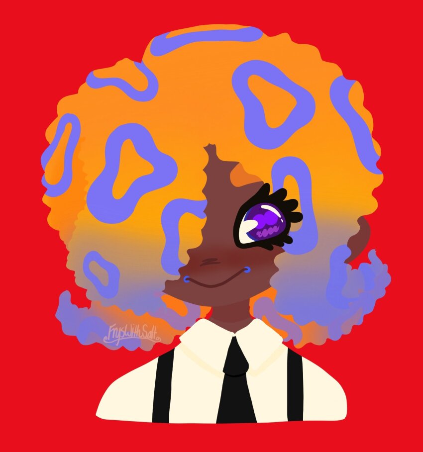 1girl black_necktie black_suspenders collared_shirt cropped_torso dark-skinned_female dark_skin frys_with_salt hair_over_one_eye highres looking_at_viewer necktie nintendo purple_eyes red_background shirt signature simple_background smile solo splatoon_(series) splatoon_3 tao_blu white_shirt