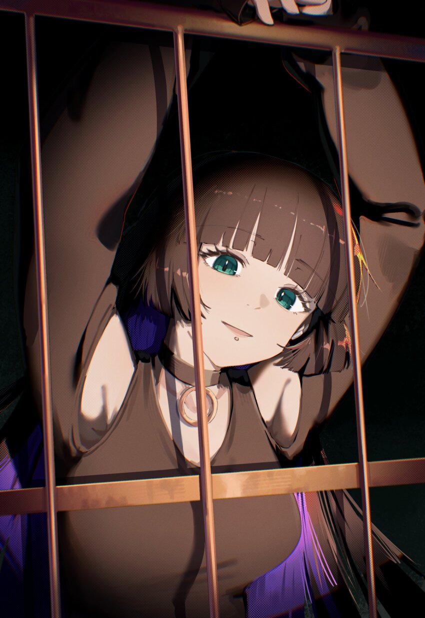 1girl absurdres black_choker black_dress black_hair blunt_bangs blush bocchi_the_rock! breasts chin_piercing choker clothing_cutout colored_inner_hair dress ear_piercing flashlight_beam goth_fashion green_eyes highres hime_cut jl_tan large_breasts long_hair long_sleeves looking_at_viewer mouth_piercing multicolored_hair pa-san piercing purple_hair shoulder_cutout simple_background smile solo