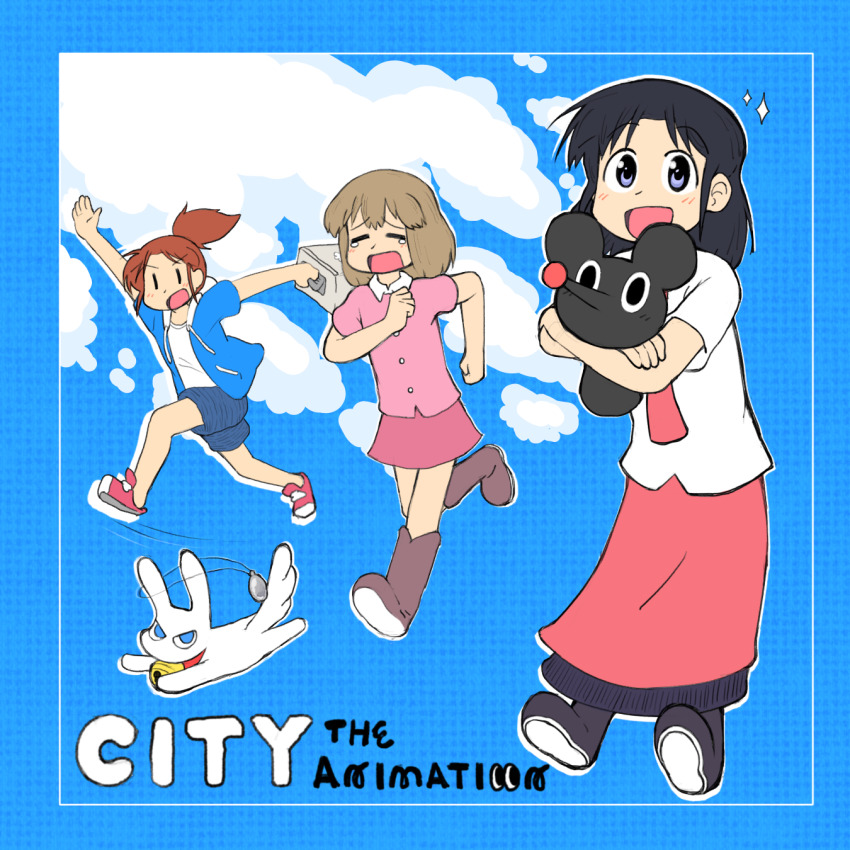 3girls =_= animal ayumu_niikura black_hair black_shoes blonde_hair blue_background blue_eyes blue_hoodie blue_shorts boots border brown_boots brown_hair buttons cacctus32 cat city_(arawi_keiichi) cloud copyright_name crying highres holding holding_stuffed_toy hood hood_down hoodie izumi_wako jumping looking_at_viewer mimineko mob_face multiple_girls nagumo_midori necktie open_clothes open_hoodie open_mouth pink_shirt pink_shorts ponytail red_necktie red_shoes red_skirt running shirt shoes short_hair short_sleeves shorts skirt stuffed_toy tears white_border white_shirt |_|