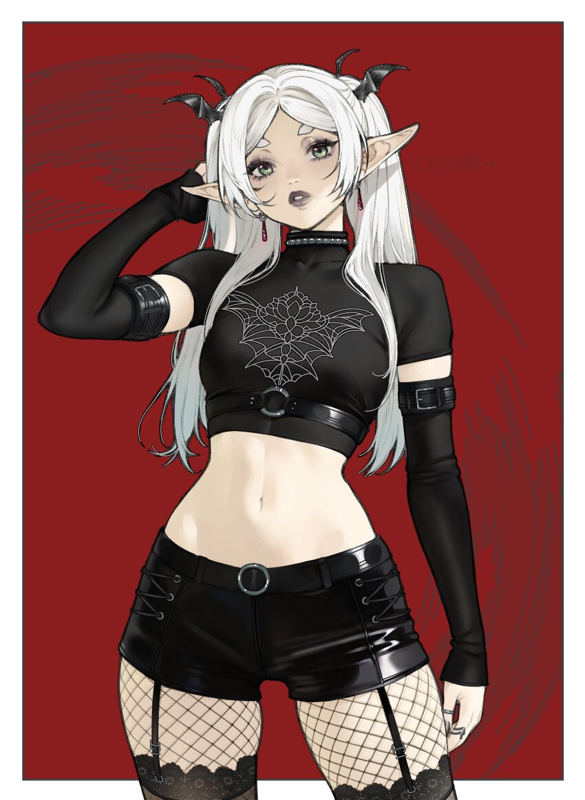 1girl absurdres arm_belt artist_name belt belt_around_waist black_shirt black_shorts border breasts commentary cowboy_shot cropped_shirt detached_sleeves earrings elf eyeshadow fishnet_pantyhose fishnets floating_earrings frieren garter_straps goth_fashion green_eyes grey_eyeshadow grey_lips grey_nails head_wings highres jewelry lace lace-trimmed_thighhighs lace_trim latex_shorts long_hair looking_at_viewer makeup midriff nail_polish navel o-ring o-ring_belt outside_border pantyhose parted_lips pointy_ears red_background ring shirt short_shorts short_sleeves shorts small_breasts solo sousou_no_frieren thick_eyebrows thighhighs tight_clothes tight_shirt twintails white_border white_hair wings yiiande