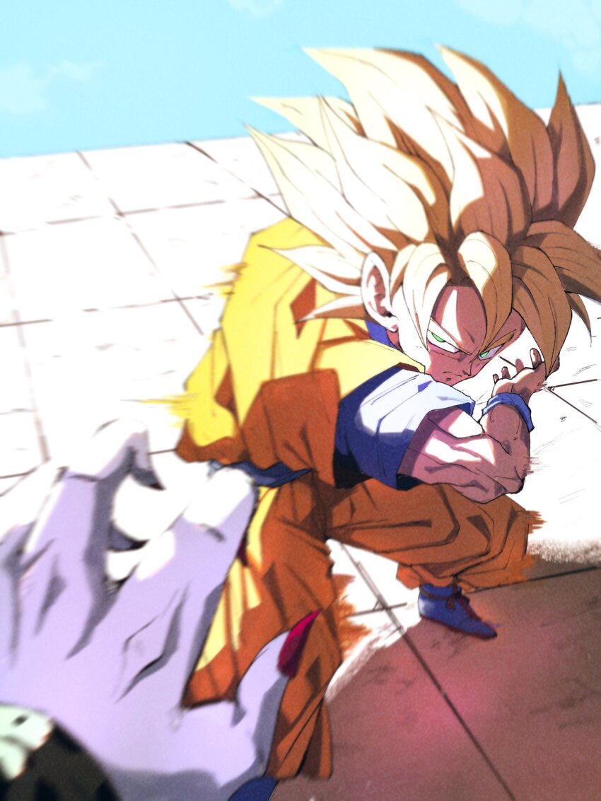 2boys blonde_hair blue_boots blue_sash blue_shirt boots cell_(dragon_ball) dougi dragon_ball dragonball_z green_eyes highres instant_transmission kamehameha_(dragon_ball) looking_at_viewer male_focus medium_hair multiple_boys orange_pants orange_shirt pants pato007711 pov sash shirt solo_focus son_goku spiked_hair super_saiyan super_saiyan_1
