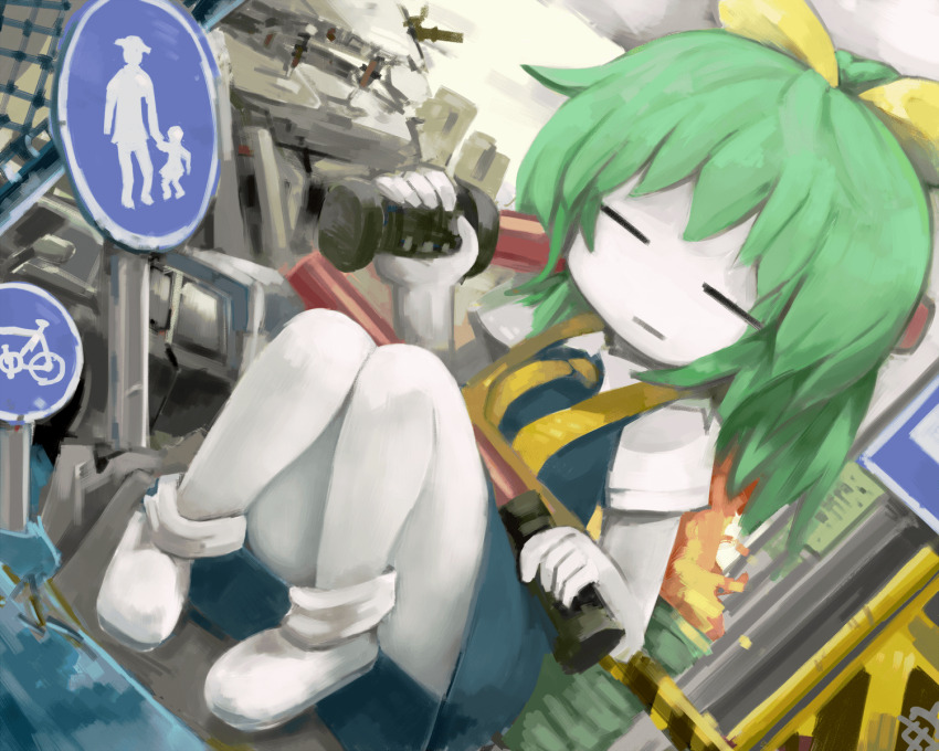1girl ascot ayuki_(47881314) bicycles_only_sign blue_dress closed_mouth colored_skin commentary_request cookie_(touhou) daiyousei diyusi_(cookie) dress expressionless fire full_body green_hair high-visibility_clothing high-visibility_vest high_ponytail highres medium_hair offside:_diyusi pedestrians_only_sign pinafore_dress ponytail road_sign shoes sign sitting sleeveless sleeveless_dress solo touhou traffic_baton white_shoes white_skin yellow_ascot
