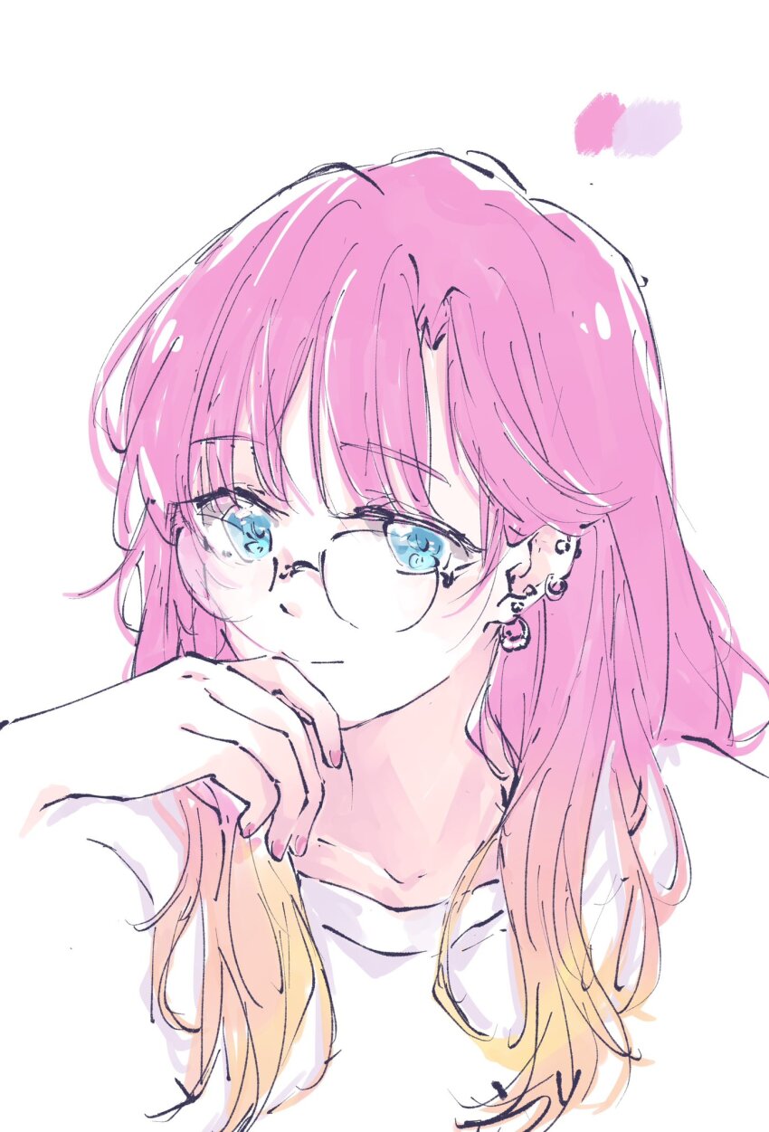 1girl anyoji_hime blonde_hair blue_eyes ear_piercing earrings glasses gradient_hair hand_on_own_chin highres jewelry l9525 link!_like!_love_live! looking_at_viewer love_live! multicolored_hair piercing pink_hair shirt solo white_background white_shirt