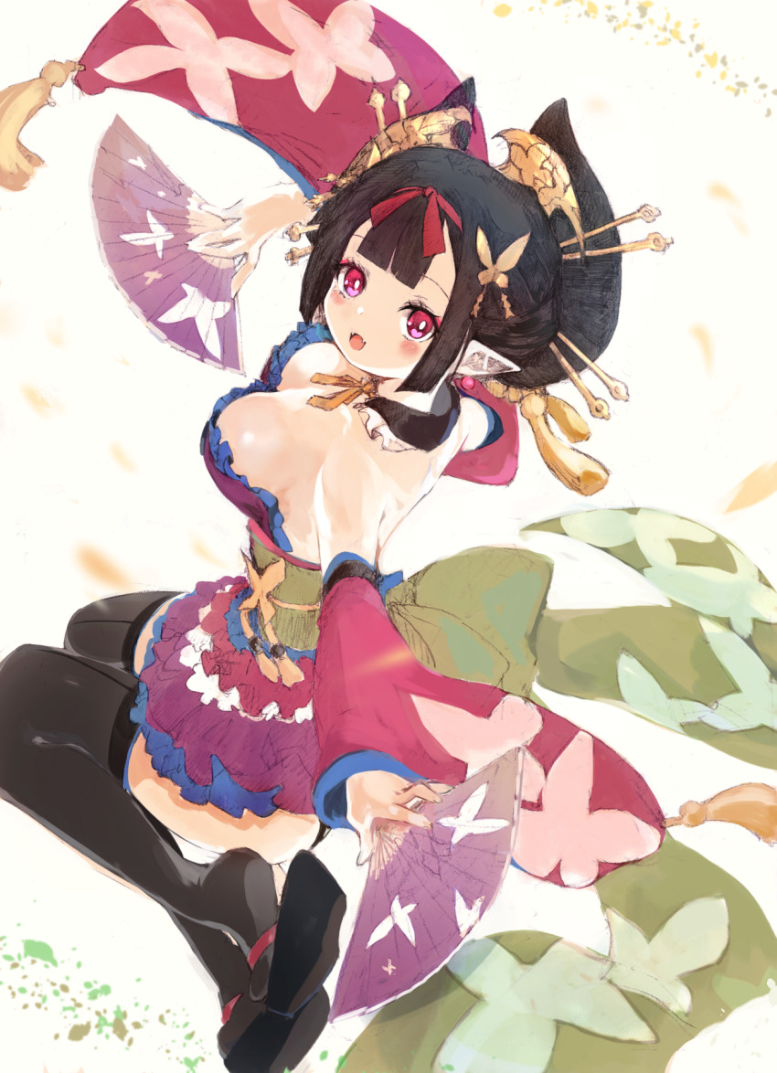 1girl :d animal_print bare_shoulders black_collar black_hair black_panties black_thighhighs blunt_bangs blunt_sidelocks blush blush_stickers bow breasts butterfly_hair_ornament butterfly_ornament butterfly_print cleavage collar datehyogo demon_girl detached_collar detached_sleeves disgaea dual_wielding earrings fangs folding_fan frilled_collar frilled_skirt frills front-seamed_legwear geisha gold green_sash hair_ornament hair_ribbon hair_stick hand_fan heart heart_hands heart_in_heart_hands highres holding holding_fan japanese_clothes jewelry kakuwashi kanzashi large_breasts long_sleeves looking_at_viewer maiko_(disgaea) makai_senki_disgaea_7 median_furrow microskirt nihongami obi obiage obijime okobo one_eye_closed open_mouth panties pink_sleeves platform_sandals pointy_ears print_bow print_folding_fan print_sleeves red_eyes red_ribbon ribbon sandals sash seamed_legwear shiny_skin short_hair simple_background sitting skirt smile solo sphere_earrings tassel thighhighs underwear waist_bow wariza