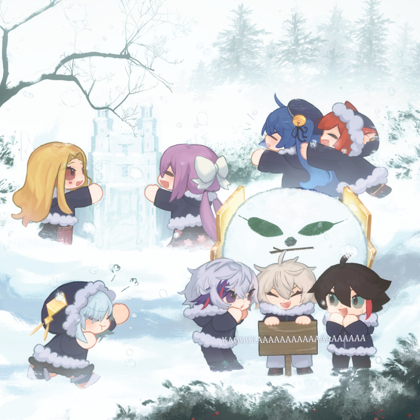 3boys 5girls :d :t amamiya_kokoro animal_ear_fluff animal_ears ars_almal bare_tree bell beret black_footwear black_hair black_hat black_jacket black_pants black_ribbon blonde_hair blue_hair boots chibi closed_eyes closed_mouth day ears_through_headwear eyes_visible_through_hair forehead fur-trimmed_hood fur-trimmed_jacket fur_trim fuwa_minato gradient_hair grey_hair grey_pants hair_bell hair_between_eyes hair_ornament hair_over_one_eye hair_ribbon hat highres hood hood_down hood_up hooded_jacket jacket jingle_bell kiduta_cielo kuzuha_(nijisanji) lace-up_boots long_hair luis_cammy multicolored_hair multiple_boys multiple_girls nijisanji open_mouth outdoors pants pantyhose parted_bangs purple_eyes purple_hair ratna_petit red_eyes red_panda_ears ribbon saegusa_akina sakura_ritsuki sign smile snow snow_sculpture snowing streaked_hair tree twintails twitter_username very_long_hair virtual_youtuber wavy_mouth