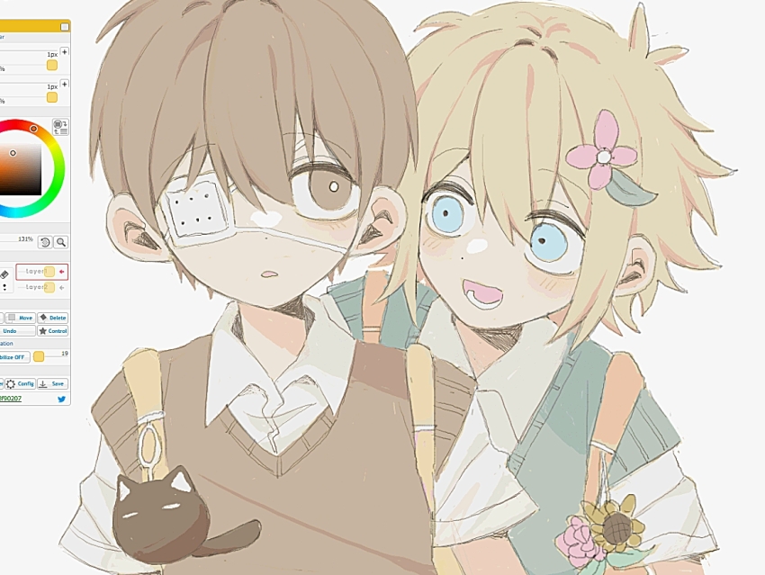 2boys :d animal_charm antenna_hair arms_at_sides art_program_in_frame art_program_request backpack bag basil_(faraway)_(omori) basil_(omori) behind_another black_eyes black_hair black_sweater_vest blonde_hair blue_eyes blush bright_pupils collared_shirt double-parted_bangs eyepatch flower green_sweater_vest hair_behind_ear hair_between_eyes hair_flower hair_ornament leaf looking_at_another lower_teeth_only male_focus medical_eyepatch mewo multiple_boys my_loleeta omori open_mouth parted_lips pink_flower shirt short_hair short_sleeves simple_background smile spoilers sunny_(omori) sweater_vest teeth upper_body very_short_hair white_background white_pupils white_shirt wide-eyed yellow_bag