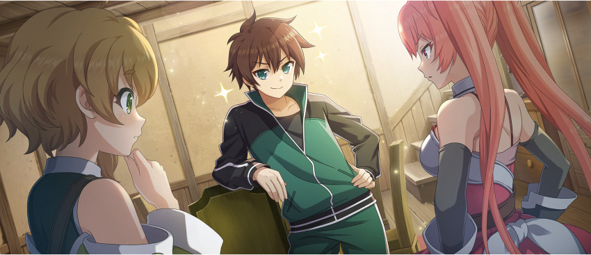 1boy 2girls armor bare_shoulders black_sleeves blonde_hair breastplate breasts brown_hair chair cielo_(konosuba) closed_mouth detached_sleeves dutch_angle erika_(konosuba) game_cg green_eyes green_pants green_track_suit hand_on_own_chin hand_on_own_hip hands_on_own_hips highres indoors kono_subarashii_sekai_ni_shukufuku_wo! konosuba!_fantastic_days leaning long_hair medium_breasts multiple_girls official_art pants parted_lips pink_hair red_eyes satou_kazuma short_eyebrows short_hair sideways_mouth smile spaghetti_strap sparkle stairs third-party_source track_suit twintails very_long_hair wooden_chair wooden_floor wooden_stairs