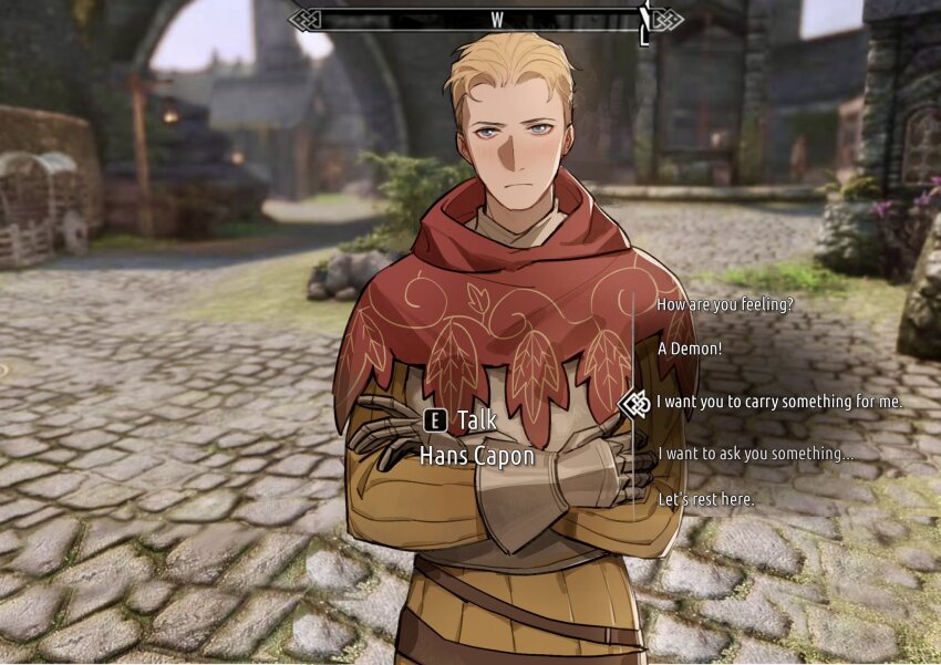1boy armor armored_gloves blonde_hair blue_eyes blurry blurry_background blush breastplate cape closed_mouth commentary crossed_arms dialogue_options english_commentary english_text hans_capon highres jacket kingdom_come:_deliverance kingdom_come:_deliverance_ii looking_at_viewer male_focus red_cape screenshot_background short_hair solo the_elder_scrolls the_elder_scrolls_v:_skyrim tworain_w upper_body yellow_jacket