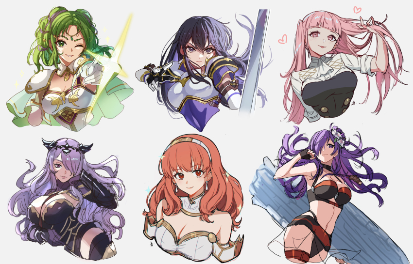 6+girls :p alternate_hairstyle armor ayra_(fire_emblem) bare_shoulders bikini black_armor black_bikini black_eyes black_hair blunt_bangs breasts camilla_(fire_emblem) celica_(fire_emblem) cleavage closed_mouth commentary cropped_torso dress earrings english_commentary female_shez_(fire_emblem) female_shez_(summer)_(fire_emblem) fire_emblem fire_emblem:_genealogy_of_the_holy_war fire_emblem:_the_sacred_stones fire_emblem:_three_houses fire_emblem_echoes:_shadows_of_valentia fire_emblem_fates fire_emblem_heroes fire_emblem_warriors:_three_hopes garreg_mach_monastery_uniform gloves gold_trim green_hair grey_background hair_between_eyes hair_down hair_over_one_eye hilda_valentine_goneril holding holding_sword holding_weapon jewelry l&#039;arachel_(fire_emblem) large_breasts long_hair looking_at_viewer medium_breasts medium_hair multiple_girls navel nintendo off-shoulder_dress off_shoulder official_alternate_costume pink_eyes pink_hair portrait purple_eyes purple_hair red_hair serious shirt shoulder_armor simple_background smile stomach swimsuit sword tiara tongue tongue_out twintails upper_body very_long_hair wavy_hair weapon white_shirt zedoraart