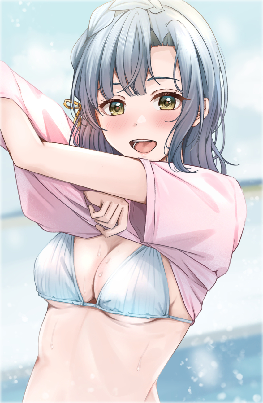 1girl bikini black_hair blue_bikini blush breasts cleavage highres idolmaster idolmaster_million_live! looking_at_viewer medium_breasts nanao_yuriko outdoors pink_shirt shirt short_sleeves smile solo sweat swimsuit undressing upper_body yellow_eyes yuzuyu_(hyui)