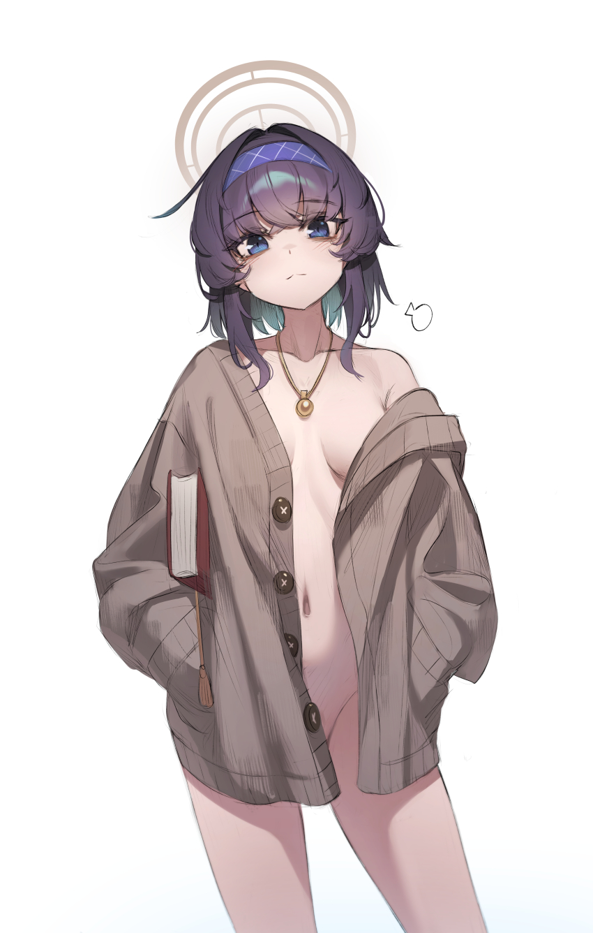 1girl absurdres alternate_hair_length alternate_hairstyle blue_archive book brown_cardigan brown_halo cardigan cowboy_shot crossed_bangs di_le_to expressionless hairband halo highres holding holding_book jewelry looking_at_viewer naked_cardigan navel necklace no_panties off_shoulder open_cardigan open_clothes purple_hairband short_hair solo ui_(blue_archive) white_background