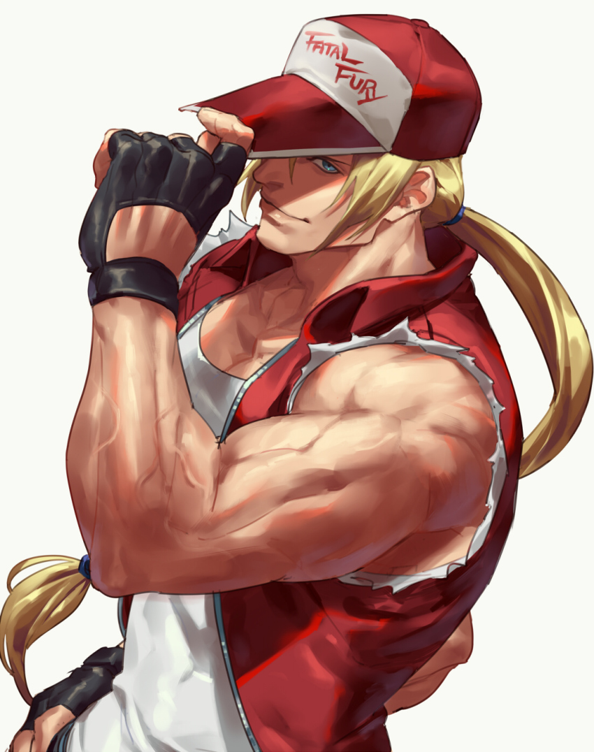 1boy baseball_cap blonde_hair blue_eyes denim fatal_fury fatal_fury_cap fingerless_gloves gloves hat highres jacket long_hair looking_at_viewer male_focus muscular ponytail simple_background smile solo talgi terry_bogard vest