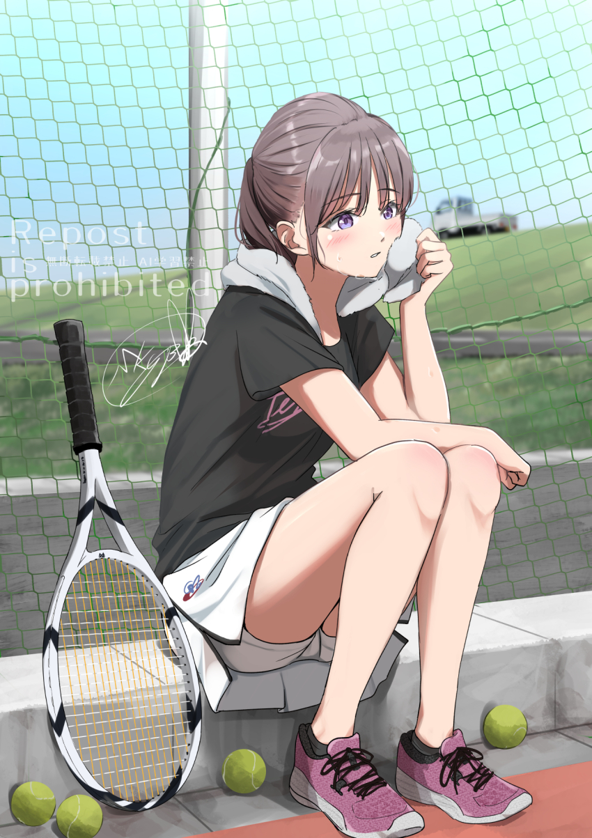 1girl arm_on_own_leg ball black_shirt blush brown_hair clothes_writing commentary_request day full_body highres kei_truck knees_up long_hair motor_vehicle net original outdoors parted_lips pink_shoes ponytail purple_eyes racket shirt shoes short_sleeves shorts shorts_under_skirt signature sitting sneakers solo soragane_(banisinngurei) sweat t-shirt tennis tennis_ball tennis_racket towel towel_around_neck truck watermark white_shorts
