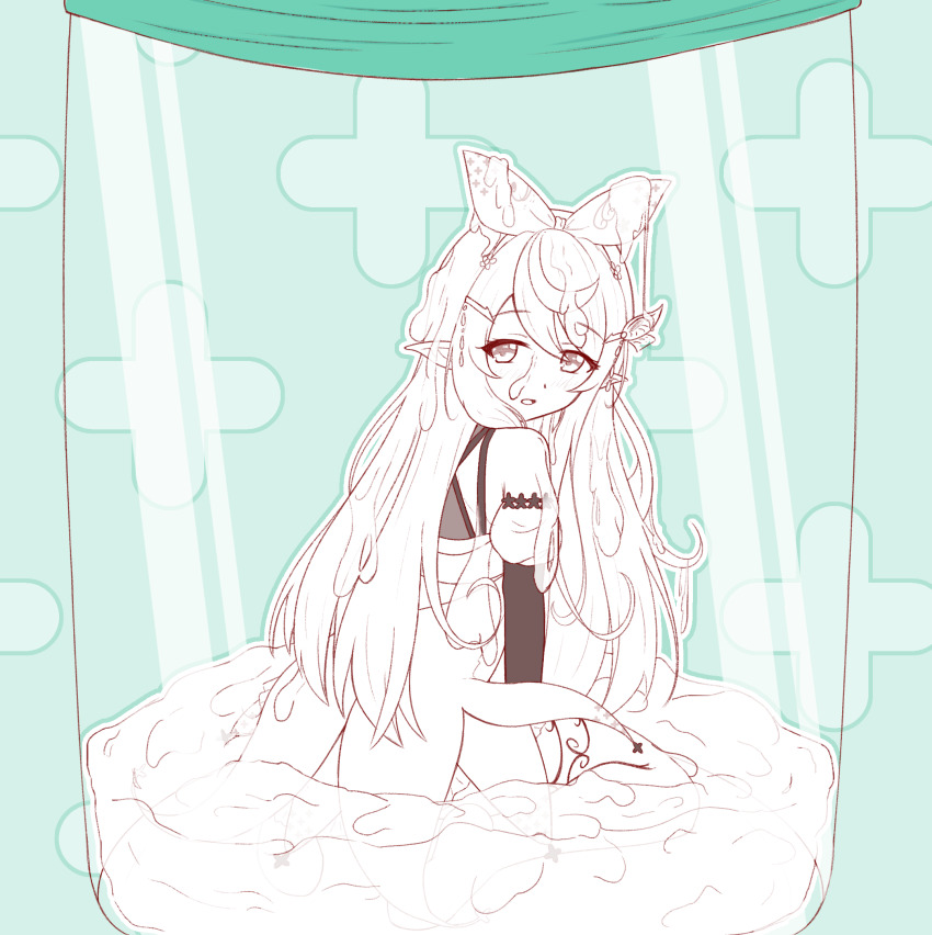 cum cum_on_body cum_on_clothes cum_on_hair cum_pool fairy highres in_container in_jar jar kisaragi_1go kneeling nijisanji nijisanji_en pointy_ears pomu_rainpuff pomu_rainpuff_(1st_costume) virtual_youtuber