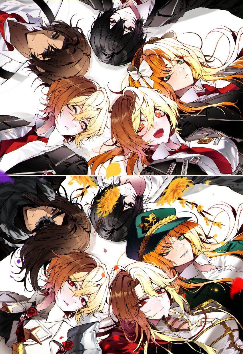 2girls 3boys absurdres ahoge black_eyes black_hair blonde_hair brown_hair cherry_oux dark-skinned_male dark_persona dark_skin don_quixote_(project_moon) dual_persona e.g.o_(project_moon) expressionless eyepatch flower green_eyes hair_between_eyes hat heathcliff_(project_moon) highres ishmael_(project_moon) la_manchaland_(identity)_(project_moon) limbus_company long_hair looking_at_viewer lying military_hat multiple_boys multiple_girls multiple_views n_corp._fanatic_(identity)_(project_moon) on_back open_mouth orange_hair pequod_(identity)_(project_moon) project_moon red_eyes sancho_(project_moon) sidelocks sinclair_(project_moon) smile spicebush_(e.g.o) technology_liberation_alliance_(identity)_(project_moon) very_long_hair wuthering_heights_(identity)_(project_moon) yellow_eyes yellow_flower yi_sang_(project_moon)