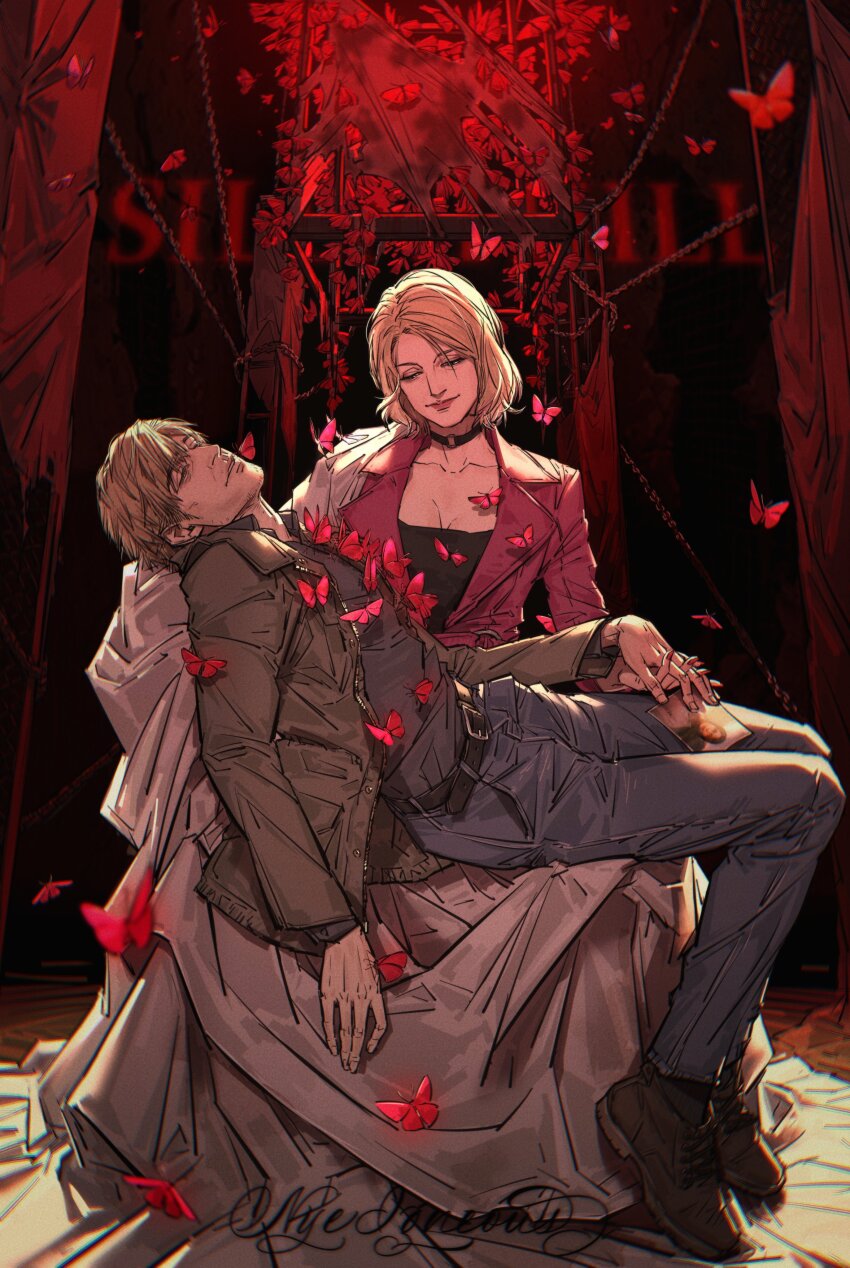 1boy 1girl absurdres belt black_belt black_shirt blonde_hair bloober_team breasts bug butterfly choker cleavage closed_mouth collarbone copyright_name fine_art_parody highres holding_hands implied_death insect jacket james_sunderland konami maria_(silent_hill) mary_shepherd-sunderland nyeigneous parody parted_lips photo_(object) pieta red_background red_butterfly red_jacket remake shirt short_hair signature silent_hill_(series) silent_hill_2 silent_hill_2_(remake)
