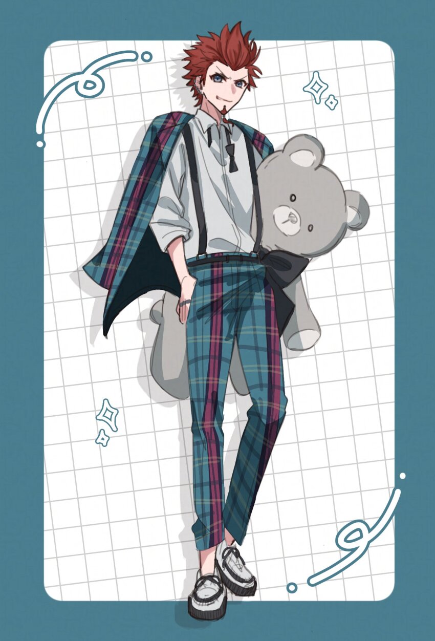 1boy alternate_costume black_bow black_bowtie blue_border blue_eyes border bow bowtie collared_shirt commentary_request contrapposto danganronpa:_trigger_happy_havoc danganronpa_(series) ear_piercing earrings facial_hair full_body goatee grid_background hand_in_pocket highres holding holding_stuffed_toy holding_teddy_bear jacket jacket_on_shoulders jewelry kuwata_leon male_focus multiple_earrings pants piercing plaid_clothes plaid_jacket plaid_pants red_hair shirt shirt_tucked_in shoelaces solo sparkle spiked_hair stuffed_animal stuffed_toy suspenders teddy_bear tuki_onigiri undone_bowtie v-shaped_eyebrows white_footwear white_shirt wing_collar