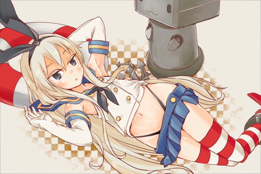 10s 1girl anchor anchor_hair_ornament armpits black_eyes blonde_hair dress elbow_gloves galahad_01 gloves hair_ornament hair_ribbon hairband innertube kantai_collection long_hair lying microskirt midriff navel on_back panties personification rensouhou-chan ribbon sailor_dress school_uniform serafuku shimakaze_(kancolle) skirt striped_clothes striped_thighhighs swim_ring thighhighs underwear
