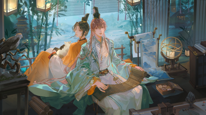 2boys absurdres aqua_hanfu azz bamboo bird black_hair bonsai brown_hair character_request chinese_clothes chinese_food code:_kite daxiushan hanfu highres jewelry long_hair multiple_boys orange_hanfu plant potted_plant ring sitting xiao_guan_(headdress) yaopei yuan_ji_(code:_kite)
