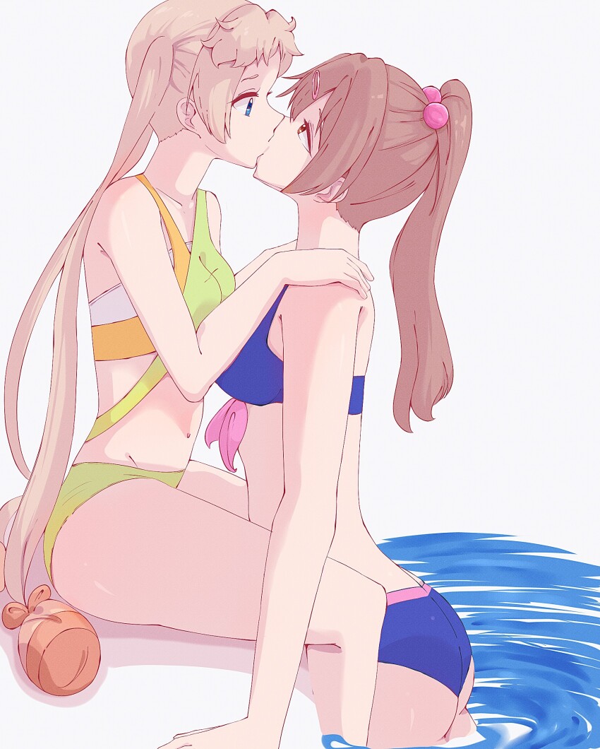 2girls bare_arms between_legs bikini blue_bikini blush breasts brown_hair chuunibyou_demo_koi_ga_shitai! commentary dekomori_sanae green_bikini hair_ornament hairclip hands_on_another&#039;s_shoulders highres kiss large_breasts long_hair multiple_girls navel nibutani_shinka partially_submerged ponytail red_eyes simple_background small_breasts swimsuit twintails water white_background yuri yuriyurisuki