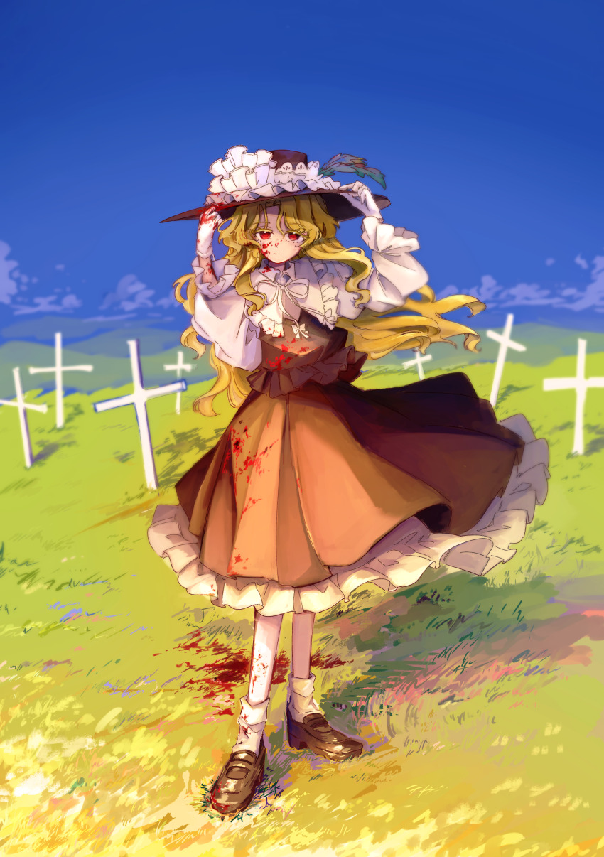 1girl absurdres black_hat black_shoes black_skirt black_vest blonde_hair blood blood_on_clothes blood_on_face blood_on_hands blue_sky commentary commentary_request cross dolls_in_pseudo_paradise english_commentary frilled_hat frilled_shirt_collar frilled_skirt frilled_vest frills full_body gloves grass grave hand_on_headwear hat hat_feather hat_ribbon highres jacket_girl_(dipp) loafers long_hair long_sleeves looking_at_viewer mixed-language_commentary outdoors parted_bangs puffy_long_sleeves puffy_sleeves red_eyes reverse_spirit ribbon scenery shirt shoes skirt sky smile socks solo standing touhou uzumibi vest white_gloves white_shirt white_socks