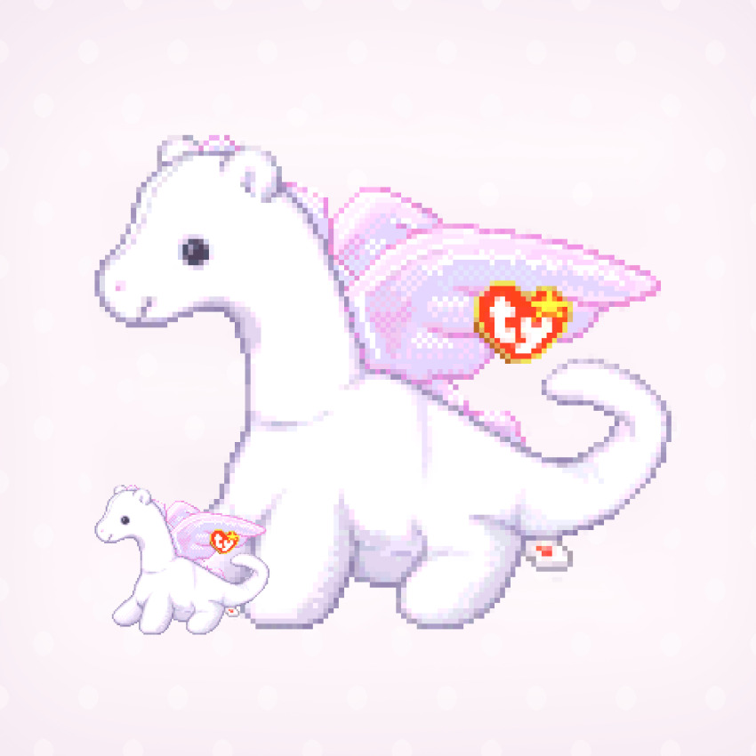 absurdres beanie_babies commentary english_commentary heart highres magic_(beanie_babies) no_humans object_focus pixel_art simple_background smile solid_circle_eyes still_life stuffed_animal stuffed_dragon stuffed_toy tail tush_tag vampire_valentine white_background white_theme wings