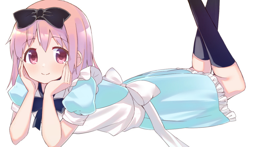 1girl alice_(alice_in_wonderland) alice_(alice_in_wonderland)_(cosplay) alice&#039;s_adventures_in_wonderland apron back_bow bare_arms black_bow black_bowtie black_socks blue_dress bow bowtie closed_mouth commentary_request cosplay dot_nose dress eyelashes feet_out_of_frame fingernails frilled_apron frilled_dress frills hair_bow hands_on_own_cheeks hands_on_own_face highres kaname_madoka kneehighs legs_up light_blush long_hair looking_at_viewer lying mahou_shoujo_madoka_magica mahou_shoujo_madoka_magica_(anime) medium_dress on_stomach pink_eyes pink_hair pleated_dress puffy_short_sleeves puffy_sleeves ruru_(rurumagi) short_sleeves simple_background smile socks solo tareme white_apron white_background white_bow