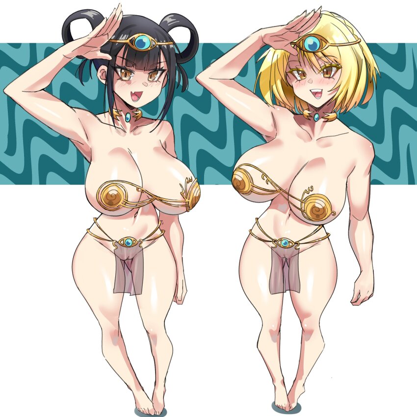 2girls absurdres arm_up black_hair blonde_hair blush breasts dancer fang hair_rings highres konaloid large_breasts multiple_girls navel nue_no_onmyouji pelvic_curtain pussy see-through_clothes see-through_pelvic_curtain shading_eyes short_hair skin_fang suo_kazusa tsujita_makoto yellow_eyes