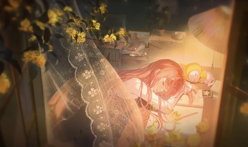 artist_request bedroom bloom_poetry_(shining_nikki) book bookshelf bow bowtie cloak closed_eyes cup dark desk_lamp dress ear_covers eyelashes flower frilled_sleeves frills gifty_(nikki) hair_spread_out highres hood hood_up hooded_cloak indoors infinity_nikki lamp long_hair long_sleeves lying miracle_nikki momo_(nikki) night nikki_(nikki) nikki_(series) notebook official_art on_chair on_side open_book parted_lips pen photo_(object) picture_frame pinafore_dress pink_dress pink_hair plant potted_plant red_bow red_bowtie saucer shining_nikki shirt sitting sleeping sleeveless sleeveless_dress sleeves_past_wrists teacup third-party_source very_long_hair whimstar_(infinity_nikki) white_shirt window yellow_cloak yellow_flower