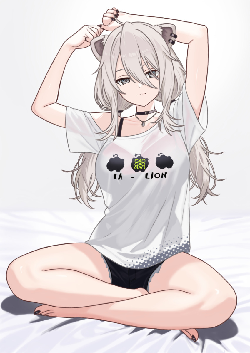 1girl absurdres ahoge animal_ear_fluff animal_ear_piercing animal_ears arms_up bare_legs barefoot bed_sheet belt belt_collar black_belt black_nails black_shorts bra_strap breasts closed_mouth clothes_writing collar commentary cutoffs danimocles denim denim_shorts english_commentary feet grey_eyes grey_hair hair_between_eyes highres hololive indian_style jewelry large_breasts legs light_smile lion_ears lion_girl long_hair looking_at_viewer loose_clothes loose_shirt low_twintails nail_polish necklace off_shoulder official_alternate_costume official_alternate_hairstyle pendant see-through_silhouette shirt shishiro_botan shishiro_botan_(casual) short_shorts short_sleeves shorts sidelocks simple_background sitting solo split_mouth t-shirt toenail_polish toenails toes twintails virtual_youtuber white_background white_shirt