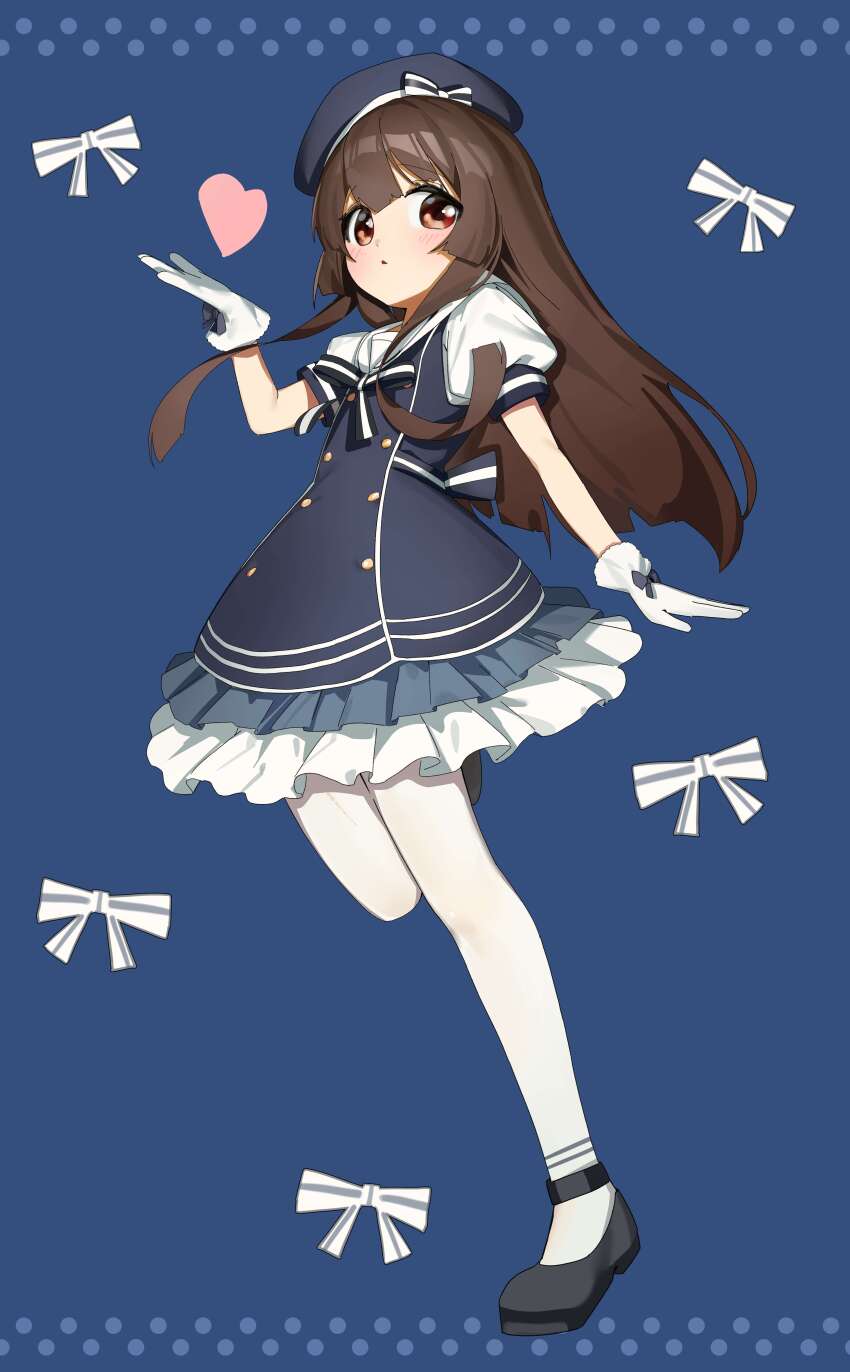 1girl absurdres back_bow blue_background bow brown_eyes brown_hair buttons child commentary double-breasted dress frilled_dress frills full_body glove_bow gloves hat highres keibi_inu leggings long_hair matsumoto_rise neck_ribbon parted_lips ribbon sailor_collar short_sleeves solo standing standing_on_one_leg very_long_hair yuru_yuri