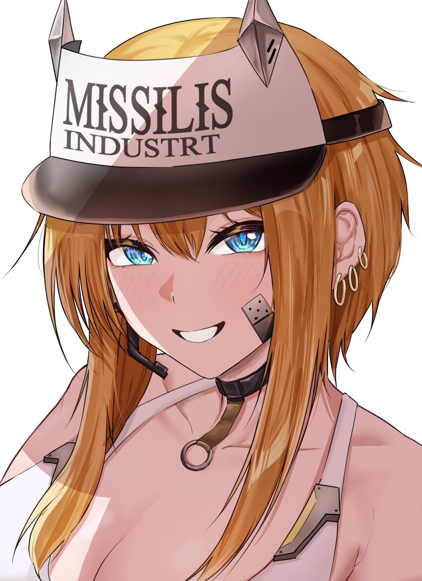 1girl absurdres bandaid bandaid_on_cheek bandaid_on_face bare_shoulders black_choker blonde_hair blue_eyes breasts choker cleavage collarbone commentary_request ear_piercing earpiece goddess_of_victory:_nikke grin hair_between_eyes hat highres kotori_ukuwa large_breasts light_blush looking_at_viewer maxwell_(nikke) multiple_piercings piercing portrait short_hair short_hair_with_long_locks sidelocks simple_background smile solo sports_bra teeth typo visor_cap white_background white_hat white_sports_bra