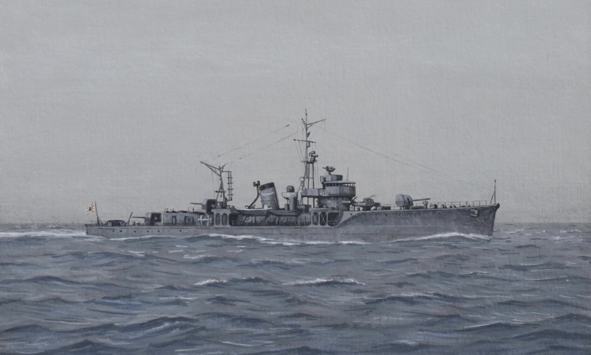 acrylic_paint_(medium) atelier_bono evening flag frigate hachijo_(frigate) highres imperial_japanese_navy mast military_vehicle morning no_humans ocean original painting_(medium) ship sky smoke smokestack traditional_media vehicle_focus warship watercraft