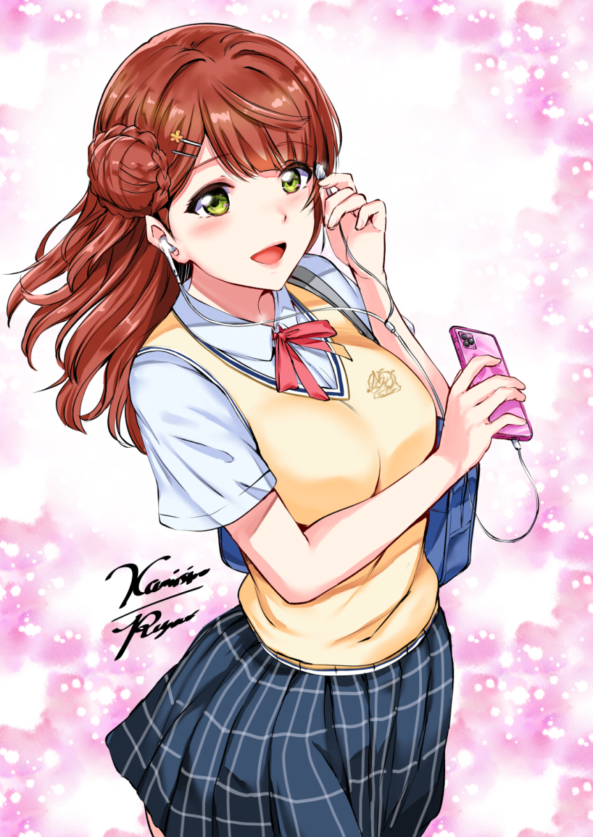 1girl adjusting_headphones aqua_shirt artist_name artist_request bag black_skirt blue_skirt blush bow bowtie braid braided_bun breasts cellphone checkered_clothes checkered_skirt collared_shirt earphones female_focus floating_hair green_eyes hair_bun hair_ornament hairclip headphones highres kamishiro_ryuu looking_at_viewer love_live! love_live!_nijigasaki_high_school_idol_club medium_breasts miniskirt neck_ribbon nijigasaki_school_uniform orange_hair parted_lips phone pink_bow pink_ribbon plaid_clothes plaid_skirt pleated pleated_skirt red_bow red_hair ribbon school_bag school_uniform shirt short_hair side_bun single_hair_bun skirt smartphone smile solo sweater sweater_vest uehara_ayumu vest wavy_hair white_shirt yellow_eyes yellow_vest
