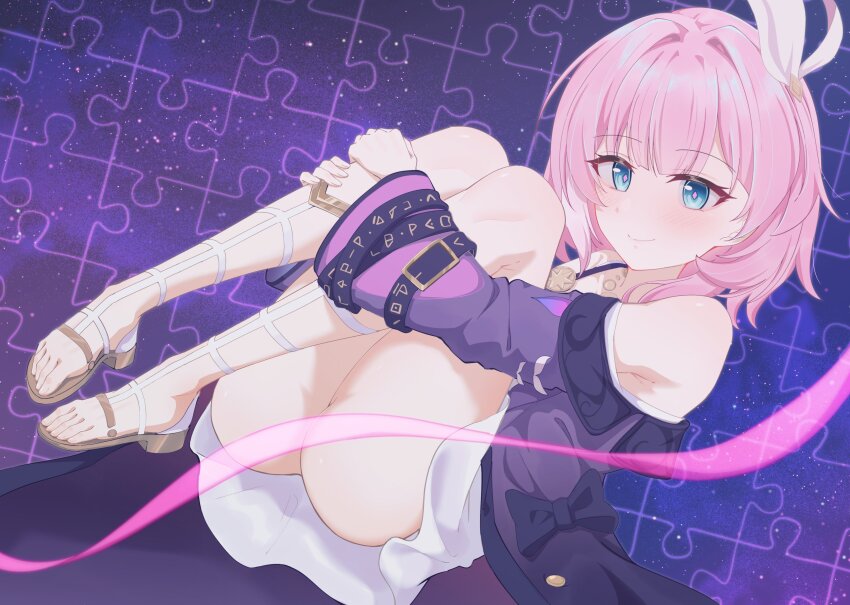 1girl absurdres bare_shoulders blue_eyes coat commentary cyrene_(aedes_elysiae)_(honkai:_star_rail) cyrene_(honkai:_star_rail) dress highres honkai:_star_rail honkai_(series) iicecall jewelry knees_up looking_at_viewer multicolored_hair necklace pink_hair purple_coat puzzle puzzle_piece sandals smile solo symbol-only_commentary thighs toes two-tone_hair white_dress white_hair