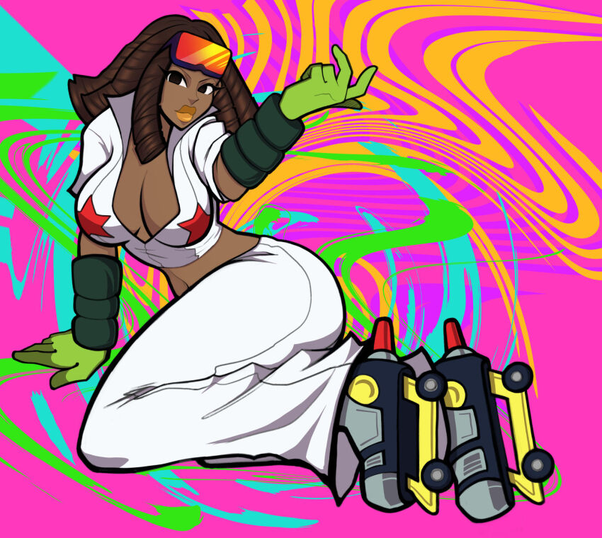 1girl ass bell-bottoms breasts brown_hair cleavage curvy dark-skinned_female dark_skin gloves goggles goggles_on_head highres jet_set_radio large_breasts midriff open_clothes pants piranha_(jsr) roller_skates rudiequeen sega skates thick_lips thick_thighs thighs