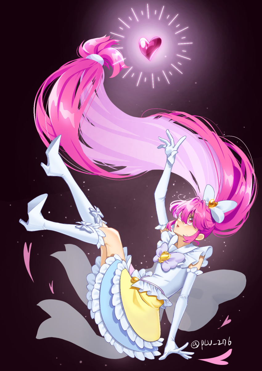 1girl aino_megumi back_bow blue_skirt boots bow brooch cure_lovely cure_lovely_(innocent_form) elbow_gloves footwear_bow frills full_body gloves hair_bow hair_ornament happinesscharge_precure! heart heart_brooch heart_hair_ornament highres jewelry knee_boots layered_skirt long_hair looking_up low-tied_long_hair magical_girl pink_eyes pink_hair pink_skirt plv_276 ponytail precure purple_bow see-through_bow sidelocks skirt solo twitter_username very_long_hair white_boots white_bow white_gloves yellow_skirt