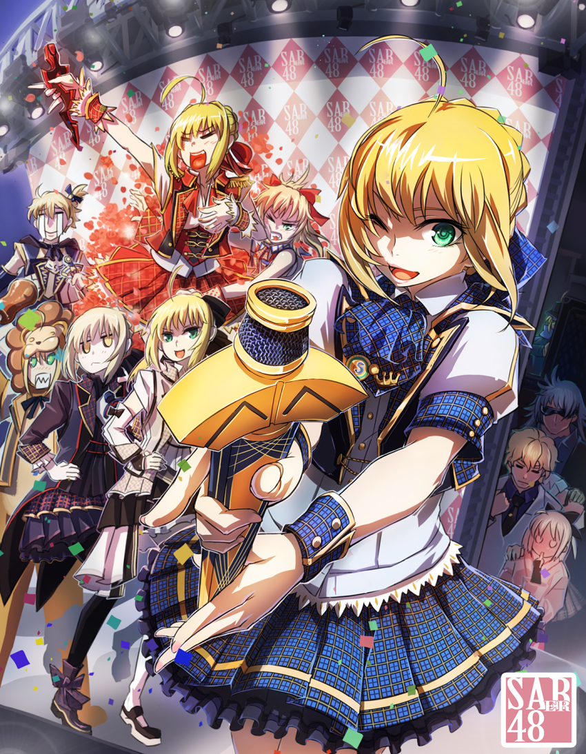 10s 3boys 6+girls :d aestus_estus ahoge alternate_costume animal_costume arthur_pendragon_(fate) artoria_pendragon_(fate) avalon_(fate) baseball_cap berserker_(fate/zero) black_pantyhose blonde_hair bow capcom closed_eyes coat confetti crying epaulettes excalibur_(fate/stay_night) fate/apocrypha fate/extra fate/extra_ccc fate/prototype fate/stay_night fate/tiger_colosseum fate/unlimited_codes fate/zero fate_(series) finger_to_mouth formal_clothes frown gawain_(fate) green_eyes hair_bow hair_ribbon hand_on_own_hip hat highres holding jacket japanese_clothes kimono koha-ace lion_costume long_hair microphone mordred_(fate) mordred_(fate/apocrypha) multiple_boys multiple_girls mysterious_heroine_x_(fate) necktie nero_claudius_(fate) nero_claudius_(fate/extra) o_o okita_souji_(fate) okita_souji_(koha-ace) one_eye_closed open_mouth pantyhose platinum_blonde_hair ribbon rojiura_satsuki_:_chapter_heroine_sanctuary saber_(fate) saber_alter saber_lily saber_lion sharp_teeth shoes short_hair siegfried_(fate) skirt smile stage stage_lights suit sunglasses tears teeth todee track_jacket type-moon white_hair white_legwear wink wrist_cuffs yellow_eyes