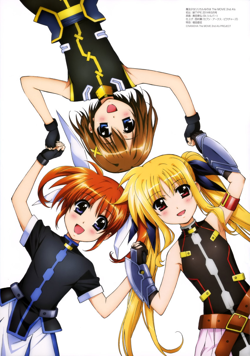 3girls absurdres arm_belt armpits belt blonde_hair blue_eyes blush brown_hair copyright_notice fate_testarossa fate_testarossa_(blaze_form) fingerless_gloves gloves hair_ornament hairclip highres long_hair looking_at_viewer lying lyrical_nanoha magical_girl mahou_shoujo_lyrical_nanoha mahou_shoujo_lyrical_nanoha_a&#039;s mahou_shoujo_lyrical_nanoha_the_movie_2nd_a&#039;s multiple_girls no_jacket official_art okuda_yasuhiro on_back open_mouth orange_hair purple_eyes red_eyes red_hair short_hair short_twintails smile takamachi_nanoha takamachi_nanoha_(exelion_mode) twintails upside-down waist_cape white_background x_hair_ornament yagami_hayate