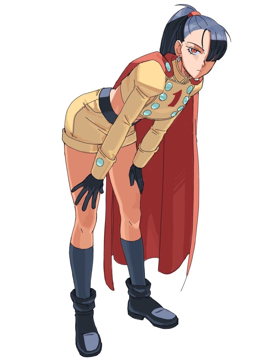 1girl belt black_belt black_footwear black_gloves black_hair black_socks cape commentary dragon_ball dragon_ball_super dragon_ball_super_super_hero earrings english_commentary full_body gamma_1 genderswap genderswap_(mtf) genniax gloves hair_over_one_eye hands_on_own_knees highres humanization jewelry leaning_forward looking_at_viewer midriff ponytail red_cape red_eyes shorts socks solo standing superhero_costume white_background