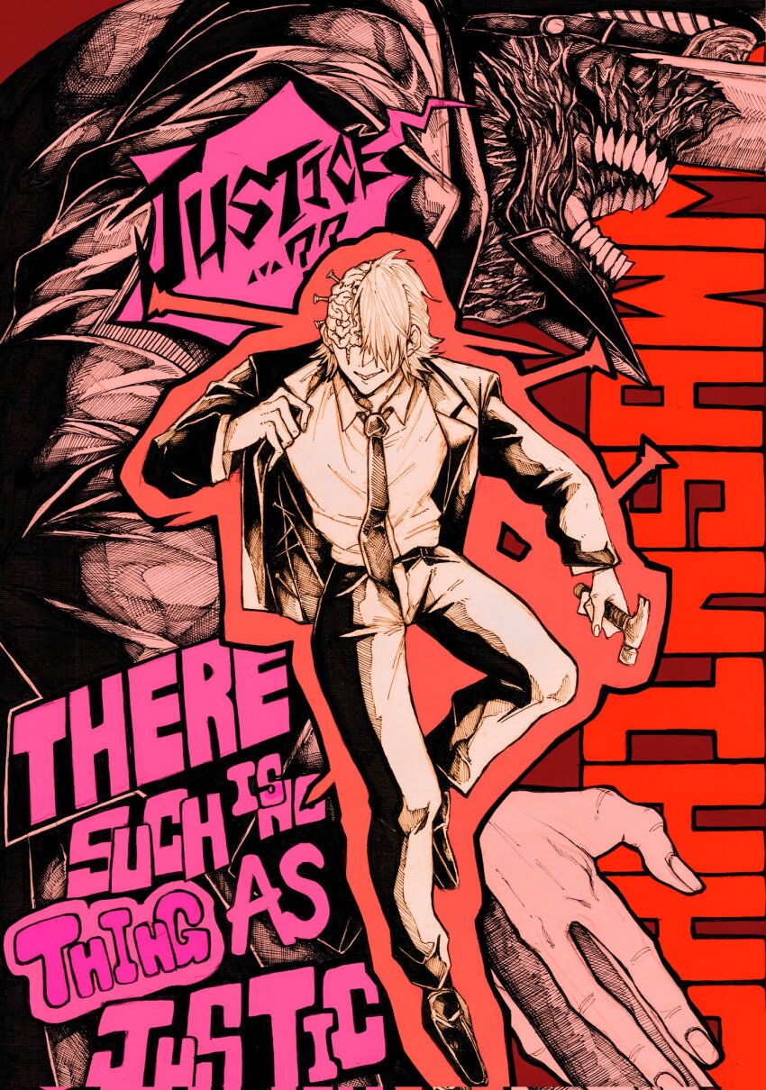 2boys adjusting_clothes black_footwear black_jacket chainsaw_man english_text exposed_brain formal_clothes hair_over_eyes hammer hat highres holding holding_hammer jacket kachihoko katana_man_(chainsaw_man) multiple_boys nail_fiend_(chainsaw_man) necktie speech_bubble suit transformation