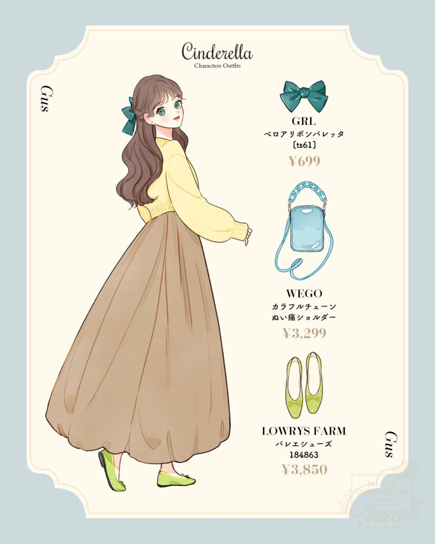 1girl animification bow brown_hair cinderella_(disney_movie) genderswap gus_(cinderella) hair_ornament highres humanization lips long_hair long_sleeves looking_at_viewer meecosme ribbon shirt shoes simple_background smile solo solo_focus white_background