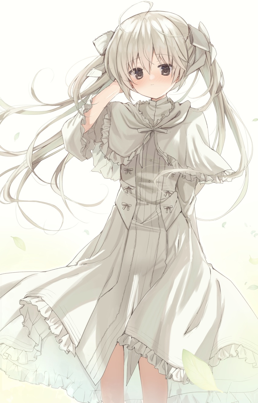 1girl absurdres ahoge blush bow brown_eyes closed_mouth commentary cowboy_shot dress english_commentary frilled_dress frills hair_bow highres kasugano_sora leaf long_hair looking_at_viewer see-through_silhouette solo standing takepoison twintails white_bow white_dress white_hair yosuga_no_sora