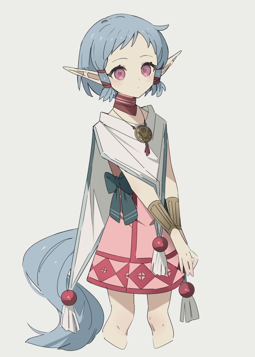 1girl absurdres blue_hair commentary_request george_man hair_tubes highres isha_(ys) jewelry looking_at_viewer necklace own_hands_together pointy_ears red_eyes short_hair solo standing tail tassel white_background ys ys_vi:_the_ark_of_napishtim