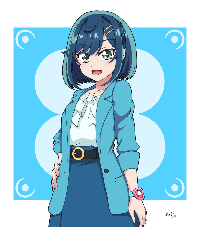 1girl :d absurdres anime_coloring artist_name belt black_belt blue_background blue_hair blue_jacket blue_skirt border braid collarbone commentary cowboy_shot delicious_party_precure dot_nose fuwa_kokone green_eyes hair_ornament hairclip hand_on_own_hip highres jacket light_blush looking_at_viewer open_clothes open_jacket open_mouth outside_border precure ribbon sakuragawa3710 shirt shirt_ribbon short_hair side_braid sidelocks single_hair_intake skirt smile solo three-quarter_sleeves watch white_border white_ribbon white_shirt wristwatch