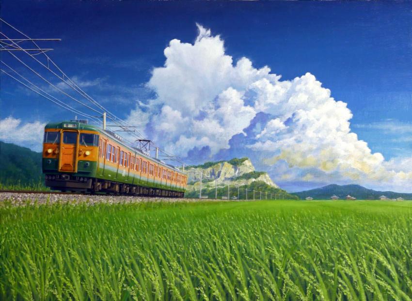 akashi_kaikyou calligraphy_brush_(medium) cloud day field graphite_(medium) gravel hill house landscape mountainous_horizon multiple_unit_train no_humans oil_painting_(medium) original painting_(medium) pantograph power_lines railroad_tracks rice_paddy rural scenery sky slice_of_life summer texture traditional_media train